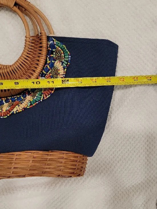 Straw Studios Navy Canvas Tote with Woven Handles and Multicolor Bead Trim - Picture 5 of 11